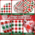 Funnymoom 452 Pcs Red and Green Christmas Buffalo Plaid Party Supplies for 50, Scalloped Christmas Gingham Plaid Paper Plates Napkins Cups Tablecloth Cutlery Straws for Rustic Holiday Party Decoration - Image 2