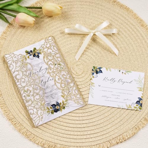 25pcs Glitter Wedding Invitations with Envelopes and RSVP Cards - Image 3