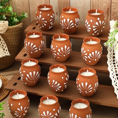 JarThenaAMCS 12 Pcs Cantaritos De Barro Mexicanos Candles Mini Terracotta Clay Pottery Candle Brown White Floral Decorative Mexican Candle for Cinco De Mayo Party Decoration Gifts - Image 4