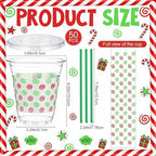 50 Pack Christmas Plastic Cups with Lids and Straws 12oz Lime Green and Red - Image 2