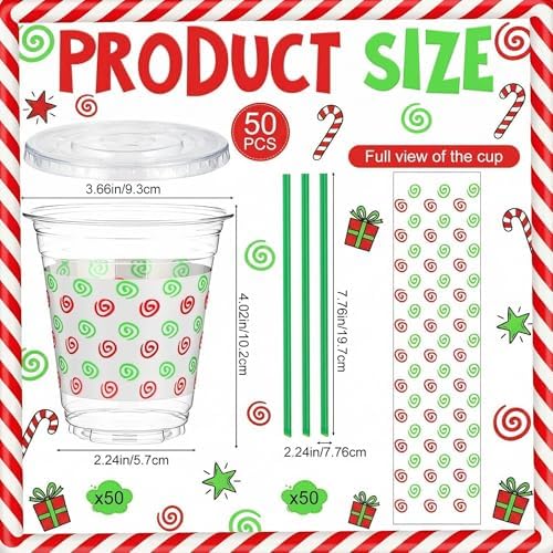 50 Pack Christmas Plastic Cups with Lids and Straws 12oz Lime Green and Red - Image 2