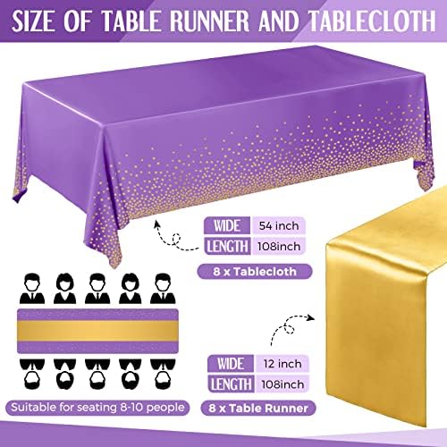 Tudomro 16 Pack Purple and Gold Plastic Tablecloths Satin Runner Set - Image 2