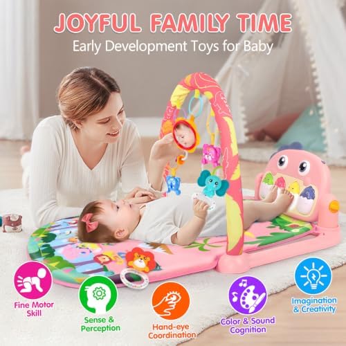 UMIKU Baby Play Mat Tummy Time Mat Gym Girl Activity Center, Pink Dinosaur - Image 4