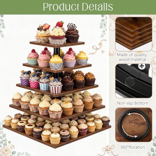 Funnymoom 5 Tier Large Square Cupcake Stand for 100 Cupcake Rustic Cupcakes Tower 360° Rotatable Wooden Cupcakes Holder Table Display Dessert Stand for Bday Graduation Birthday Shower Wedding 15.9'' - Image 5