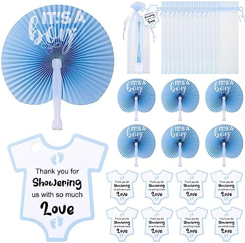 Redbaker 50 Sets Baby Shower Folding Handheld Fans Girl Boy Paper Round Shaped Accordion Fans with Baby Shower Favor Tags and Organza Bags for Guests Gender Reveal Party Favors Gifts (Blue) by Redbaker