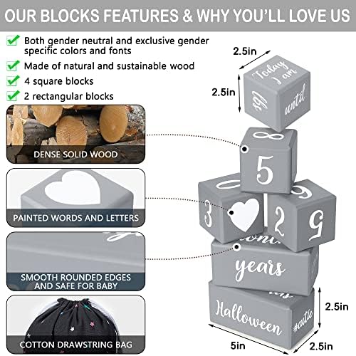 Gray Monthly Milestone Blocks with Bag. Baby Age Blocks for Girl or Boy Baby Photo Props. Month Baby Milestone Blocks with Grammatically Correct Month and Year - Image 4
