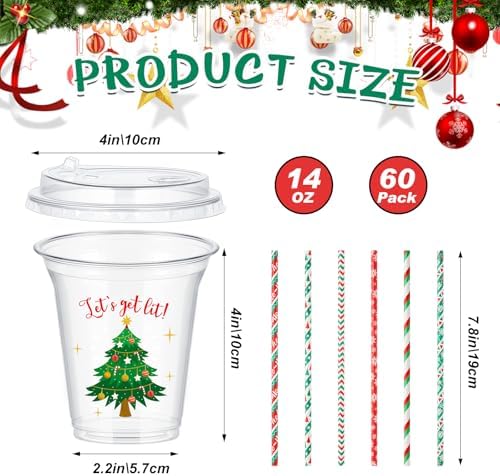 FoldTier 60 Set Christmas Cups 14 oz with Lids Straws Red Green - Image 2