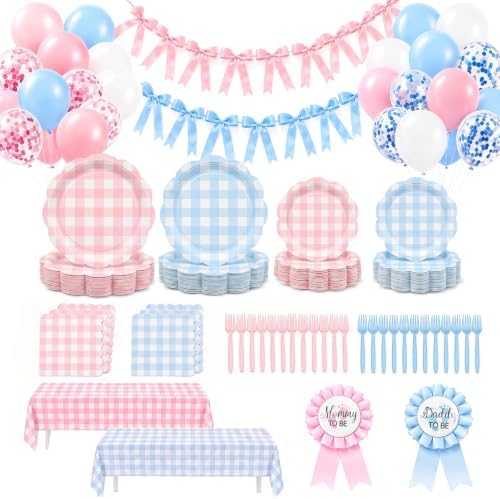 ArtSocket 162 Pack Baby Gender Reveal Party Supplies for 24 Guests, Gingham by ArtSocket