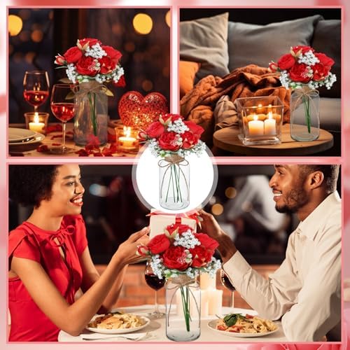 Zeyune 6 Sets Mason Jar Table Centerpiece with Artificial Peony Baby's Breath Flower Centerpieces Faux Flowers with Rope for Wedding Reception Engagement Bridal Shower Rustic Table Decor(Red) - Image 5
