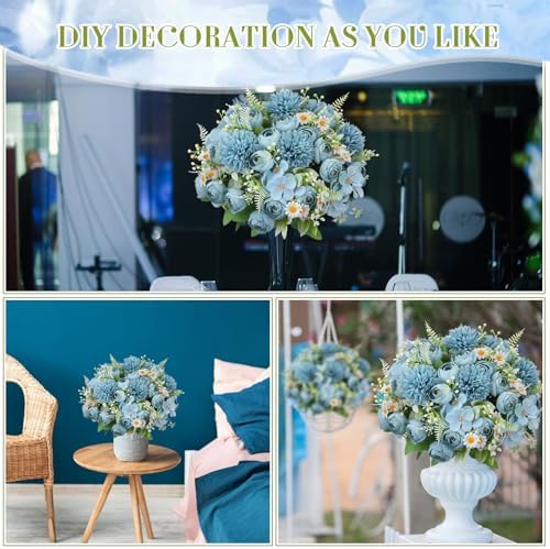 Tigeen 12 Bundles Peonies Artificial Flowers Faux Roses, Mist Blue - Image 6