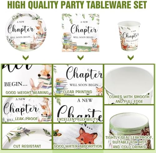 Hushee 200 Pcs Storybook Baby Shower Decorations Supplies A New Chapter Will Soon Begin Book Baby Shower Paper Plates Napkins Cups Library Reading Book Club Tableware Set for 50 Guest - Image 3