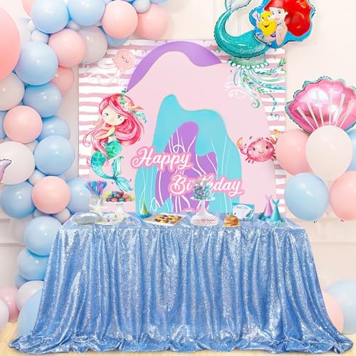QueenDream Baby Blue Party Tablecloth Decoration: Rectangle Shimmer Mermaid Tablecloth 90x90 Inch Sequin Cloth Frozen Birthday Decorations by QueenDream