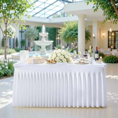 White Table Cloth for 8 Foot Rectangle Tables Fitted Stretch Spandex Table Cover with Skirt 8ft Baby Shower Birthday Party Banquet Ruffle White Tablecloth Wedding Table Cloths Desk Skirt - Image 5