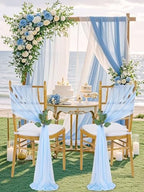 QueenDream Light Blue Chair Sashes Wedding Aisle Decorations: 16 Packs 8ft Long Draping Fabric Sheer Church Chair Cover Bulk for Baby Shower Party Banquet - Image 2