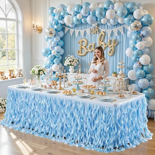 Wish Care 14ft Light Blue Sequin Table Skirt for Rectangle Tables Glitter Fringe Tutu Skirts Ruffle Ocean Tablecloth Teacher Desk Skirt for Birthday Baby Shower Baby Shark Party Cake Table Decor - Image 6