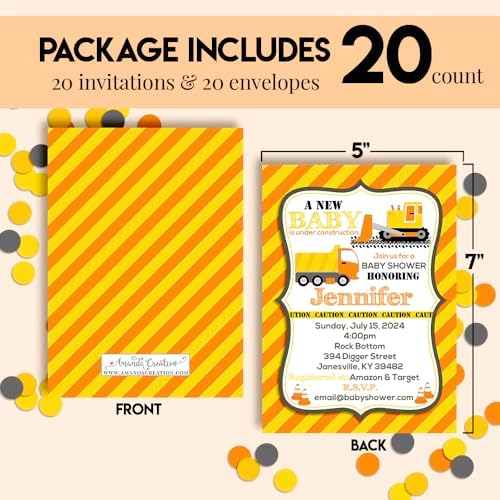 Amanda Creation Construction Baby Shower Invitations, 20 Personalized 5x7 Under Construction Baby Shower Invites with Envelopes, Custom Printed Cards - Image 4