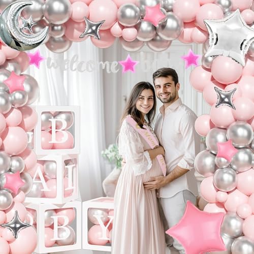 Hombae Twinkle Twinkle Little Star Baby Shower Decorations, Moon and Stars Baby Shower Decorations Backdrop Balloon Glitter Banner Tablecloth Cake Topper Sash for Space Party Supplies Pink Silver - Image 6