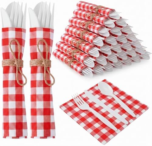 200 Pcs BBQ Party Supplies Red White Gingham Disposable Tableware by Lanties