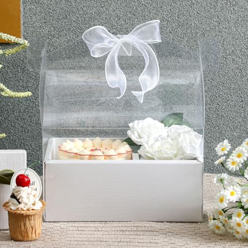 Honeydak 10 Pcs Cake and Flower Clear Boxes with Handle Ribbon Cajas Para Arreglos Florales Portable Transparent Gift Packaging for Holiday Wedding Birthday Party Supplies(Regular,4 Inch,White) - Image 5