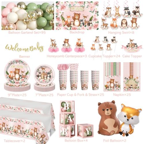 291pcs Woodland Baby Shower Decorations Girl, All-in-One Set, 25 Guests - Image 2