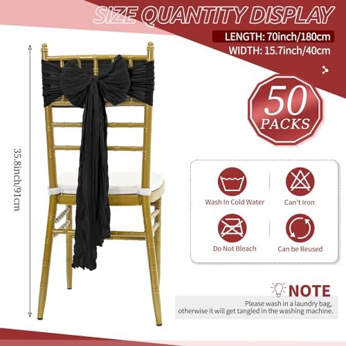 50 PCS Cheesecloth Chair Sashes Bows Wedding Aisle Decorations Chair Ribbon Ties Back Sash for Wedding Party Events Banquet Chair Cover Decoration (Black) - Image 2