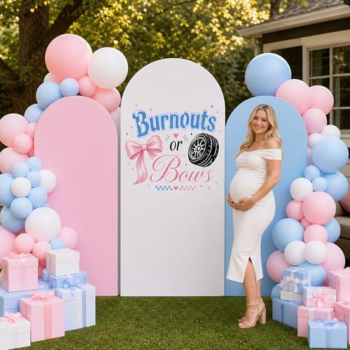 3PCS Burnouts or Bows Gender Reveal Decorations Arch Backdrop Cover 5ft 6ft Stretch Spandex Pink Blue Burnouts or Bows Backdrop for He or She Gender Reveal Baby Shower Party Supplies Photo Props - Image 5