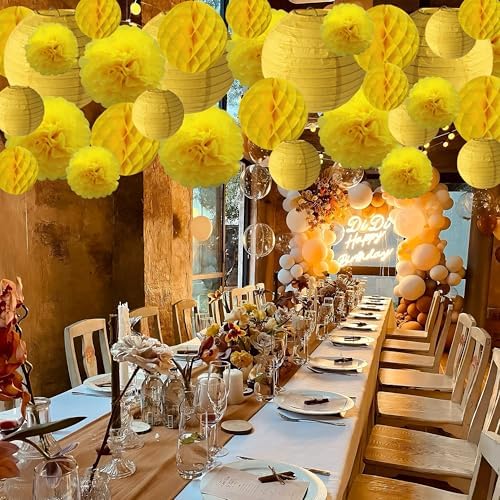 WOLHOWLTD Yellow Paper Decoration Set - 34 Pcs Paper Lanterns, Pompoms, Honeycomb for Wedding,Harvest, Summer Aloha Party, School Day,Baby Shower,Birthday Party Classroom,Home Decoration(Yellow) - Image 3