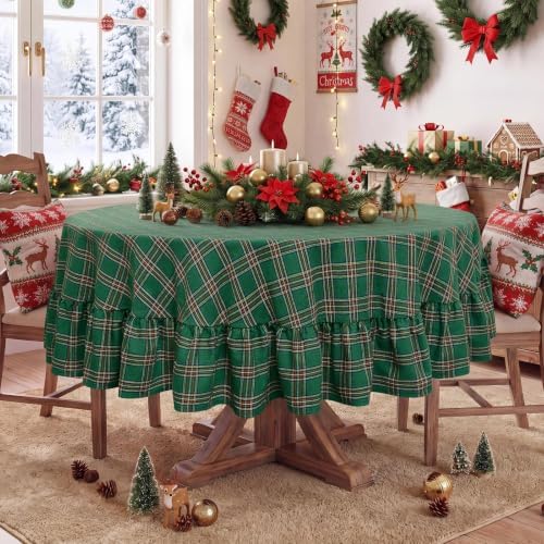 Romanstile Christmas Plaid Ruffled Round Tablecloth, 70 Inch Green - Image 2