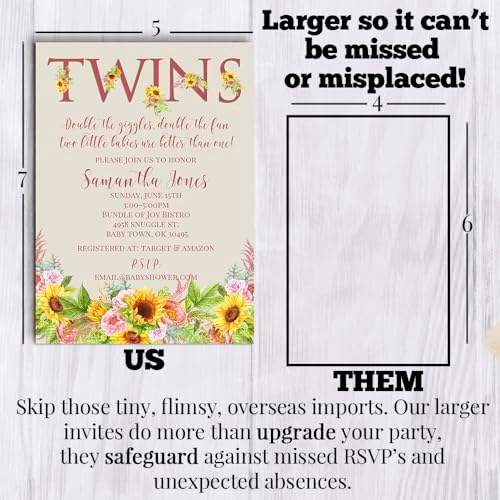 Amanda Creation Sunflower and Peony Twin Baby Shower Invitations, Twins Baby Shower Invitations, 20 Personalized 5x7 Double-Sided Cards with White Envelopes, Made in USA - Image 7