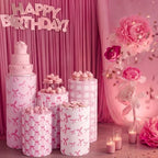 HunnmingRe 5 Pcs Pink Bow Cylinder Pedestal Stand Covers Flexible Cylinder Stand Covers for Girly Party Backdrop Baby Shower Birthday Wedding Dessert Tables Decor Party Display Decor - Image 5
