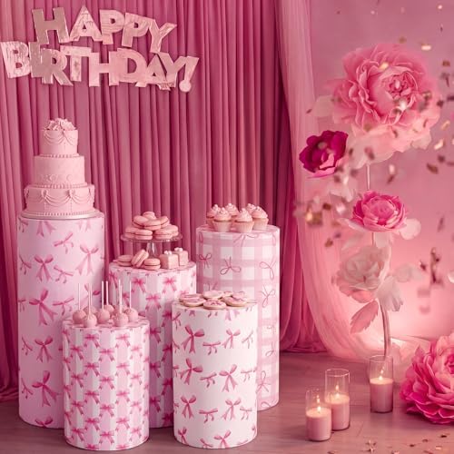 HunnmingRe 5 Pcs Pink Bow Cylinder Pedestal Stand Covers Flexible Cylinder Stand Covers for Girly Party Backdrop Baby Shower Birthday Wedding Dessert Tables Decor Party Display Decor - Image 5
