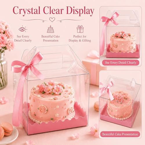 15 Pack Clear Cake Boxes 6 x 6 x 8.3 Inch, Transparent Bakery Gift Boxes with Pink Base and Ribbon, Thick PET Cake Carrier Boxes with Handle for Cupcakes Cookies Mini Cakes Wedding Birthday Party (15) - Image 4