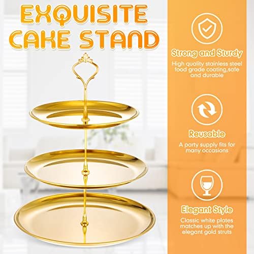 Yaomiao 2 Sets Gold 3 Tier Serving Tray with Base Stainless Steel Tiered Cupcake Stand Dessert Table Display Set Cup Cake Tier Stand Metal Cupcake Tower Fruit Dessert Holder Wedding Serving Platter - Image 4