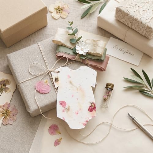 48 Favor Set, Pink Onesie Gift Wrap Tags with Wildflower Seeds - Image 7
