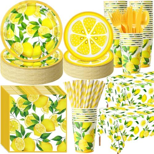 Funnymoom 452 Pcs Lemon Party Decorations, Yellow Lemons Paper Plates Napkins Cups Tablecloth Cutlery Straws for Summer Fruit Theme Birthday Wedding Baby Shower Party Supplies, Serves 50 by Funnymoom