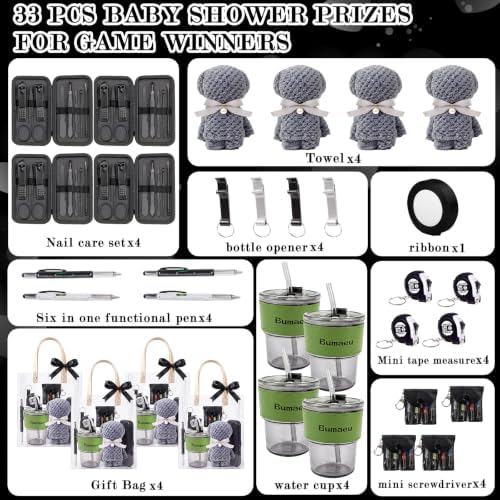 4 Sets Baby Shower Prizes for Men with Nail Clippers Towels Bottle Opener Cups Pens Tape Measure Screwdriver Ribbons Gift Bags Applicable Baby Shower Prizes for Game Winners - Image 3