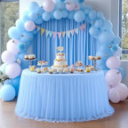 HB HBB MAGIC Baby Blue Tablecloth for Round Table 72 inch Stretchy Elastic Fitted Round Table Cloth Cover 120 inch, Tulle Table Cloth with Skirt Baby Shower Birthday Party Cake Tables Decorations by HBBMAGIC