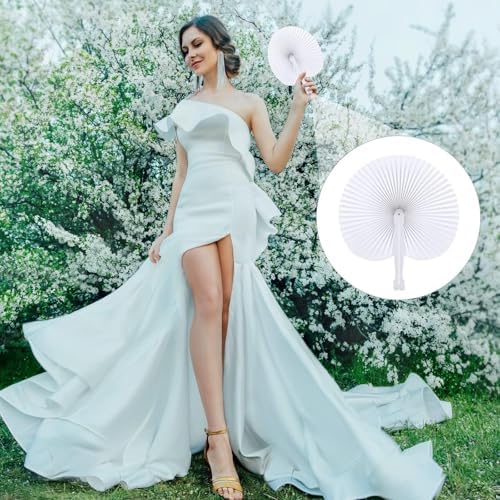 Aodaer 100 Pieces Wedding Paper Fans 9 Inch Folding Handheld Fans White Round Shaped Fans with Plastic Handle for Wedding Birthday Party Favors (Round) - Image 6