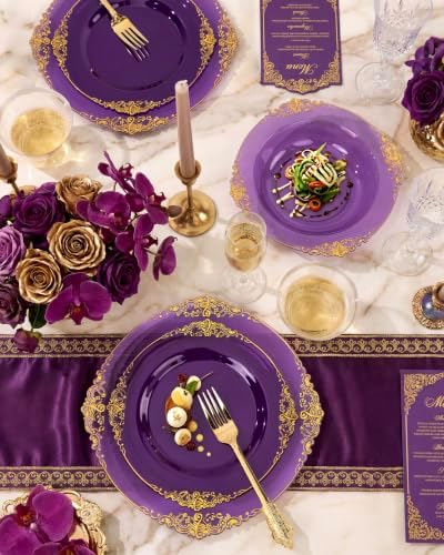 Nervure 350Pcs Purple Plastic Plates, Plastic Dinnerware Set for 50 Guests - Image 4