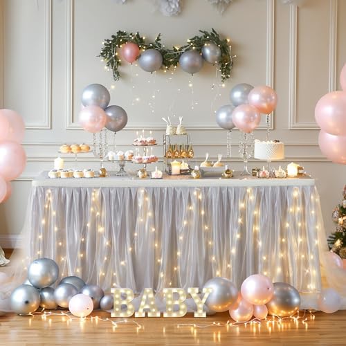 PARTISKY Gray Tulle Tutu Table Skirt for Rectangle Tables or Round Table,Led Light String Table Cloth for Wedding Baby Shower Birthday Party Dessert/Cake Tables - Image 2