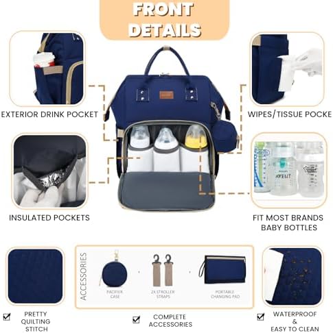 ROSEGIN Diaper Bag Backpack with Changing Pad, Pacifier Case, Baby Bag for Boy Girl Toddler - Large, Stylish, Waterproof Travel Quilted Diaper Bag for Mom - Baby Shower - Navy Blue - Image 3