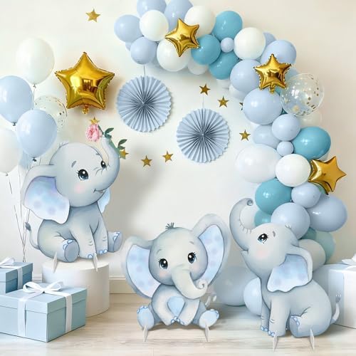 3Pcs Elephant Baby Shower Decorations, Large Baby Elephant Cardboard Cutouts Standup, Blue Cartoon Birthday Party Signs for Photo Booth Props Backdrops Decor Displays Party Supplies - Image 2