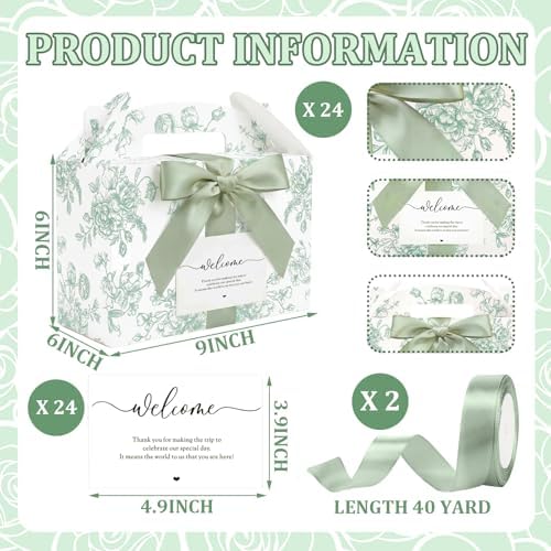 24 Set Green Floral Wedding Welcome Box with Ribbon, Label 9x6x6'' - Image 2