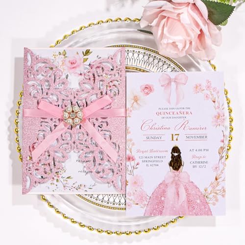 25 PCS Pink Personalized Glitter Laser Cut Wedding Invitation Pockets - Image 7