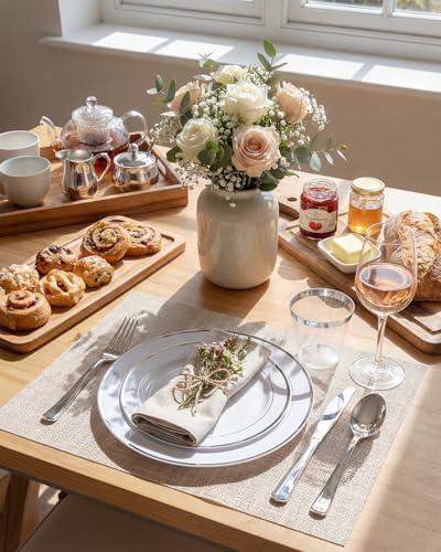 bUCLA 150-Piece Silver Disposable Dinnerware Set - White Plastic Plates with Silver Rim - Include 25 Dinner Plates, 25 Dessert Plates, 25 Forks, 25 Knives, 25 Spoons & 25 Cups for Party & Christmas - Image 3