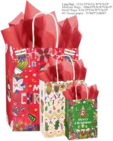 qiqee 100PCS Paper Gift Bags Assorted Christmas Paper Bags Red White Green - Image 3