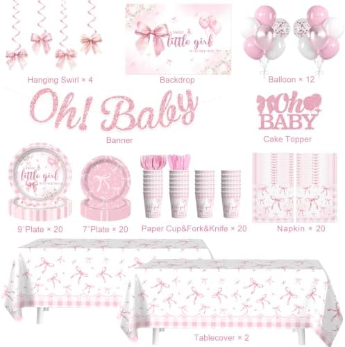 Yingoto 145 Pcs Pink Bow Baby Shower Decorations Tableware Set, Serves 20 - Image 2