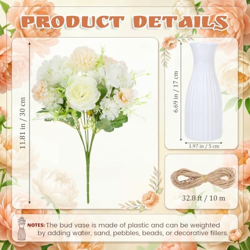 12 Set Artificial Hydrangea Peony Flowers with Vase, Champagne - Image 2
