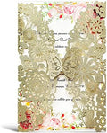 Hosmsua 50pcs Customized Champagne Laser Cut Butterfly Flora Quinceanera Invitation Cards with Envelopes 5.12 x 7.3 Inch Invitations for Quinceañera Wedding Invite (Champagne/Light Gold Glitter) by Hosmsua