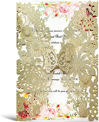 Hosmsua 20PCS Champagne Wedding Invitation Cards with Envelopes 5.12 x 7.3 Inch Laser Cut Butterfly Lace Flora Invitation for Wedding Quinceanera Sweet 16 Birthday (Champagne Glitter) by Hosmsua